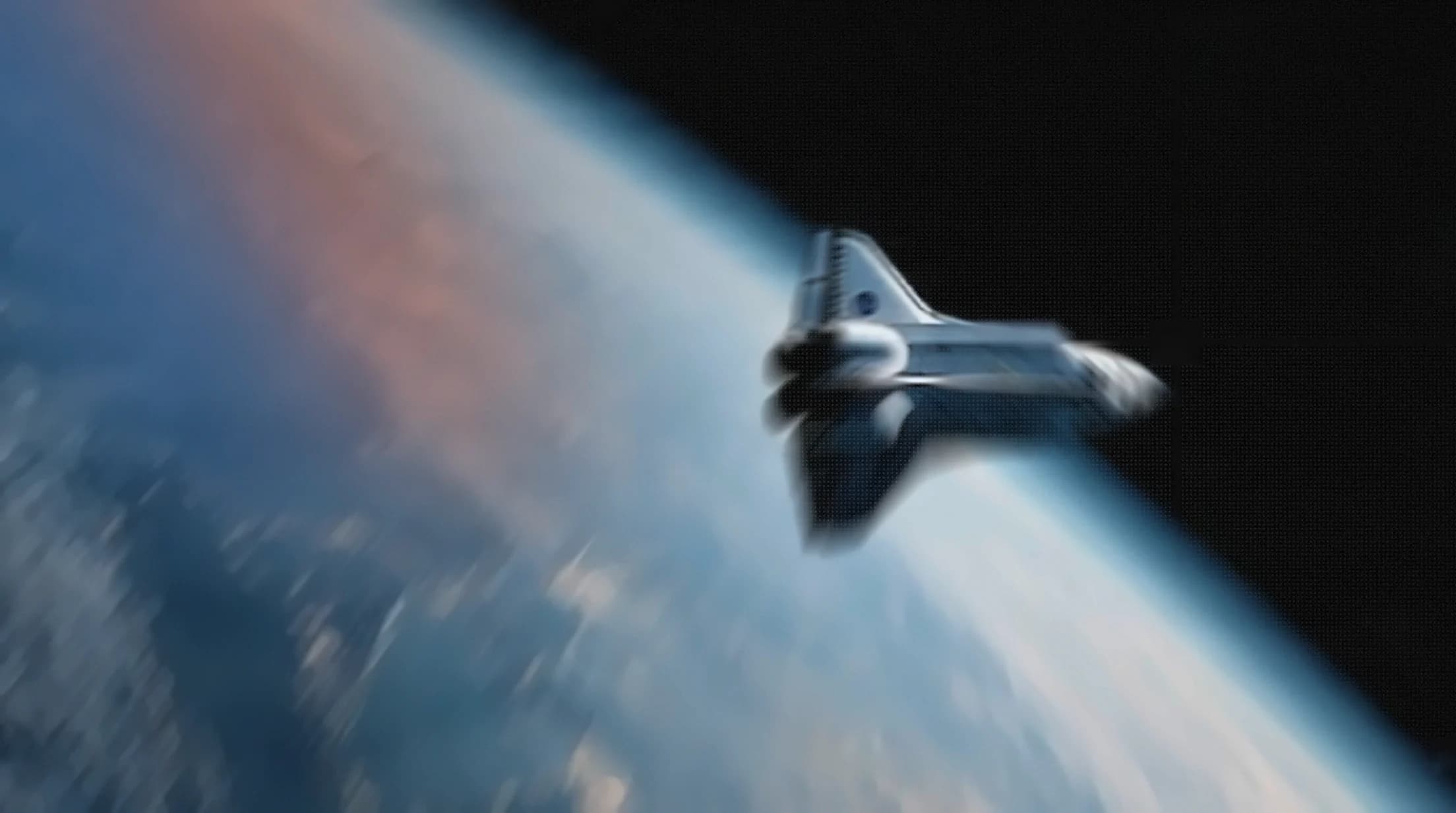 A space shuttle blurring past the curve of the Earth