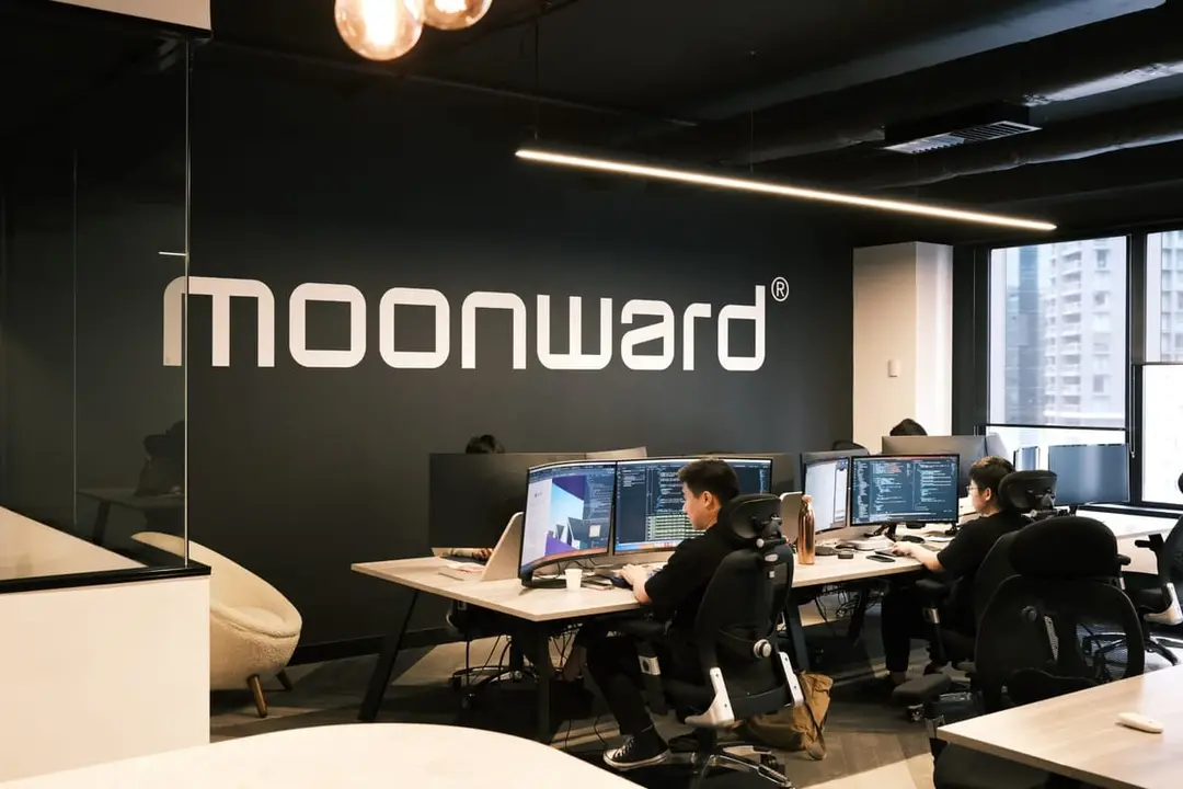 Moonward developers at work in front of the Moonward wall in the Brisbane office